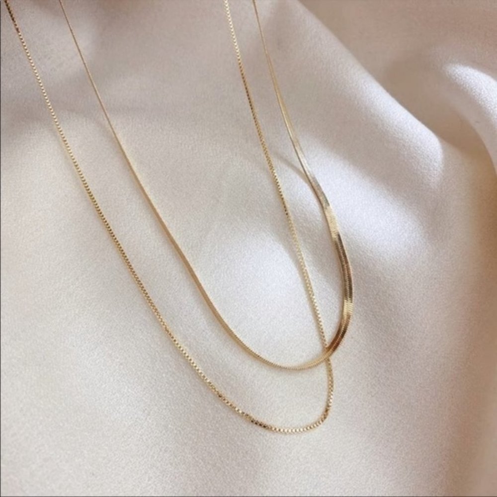 New Gold Plated Double Layer Flat Herringbone Thin Snake Chain Layered Necklace - Picture 5 of 6